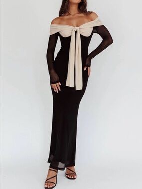 Trendy boutique Black Maxi Dress with Cream Front Tie